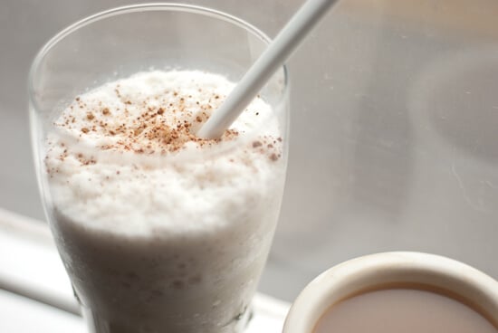 vanilla milkshake with nutmeg and cinnamon on a snowy day