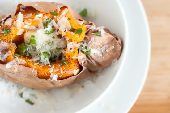 baked sweet potato with parmesan and rosemary