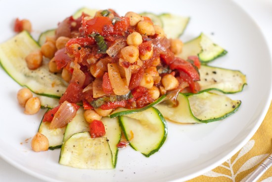 baked zucchini noodles with homemade arrabiata sauce and chickpeas