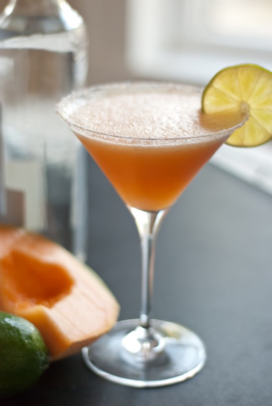 cocktail made with cantaloupe, tequila, lime juice and agave nectar