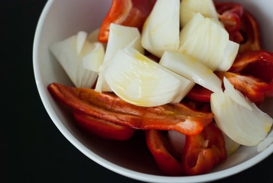 sliced red peppers and onions