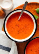roasted red pepper tomato soup in bowls