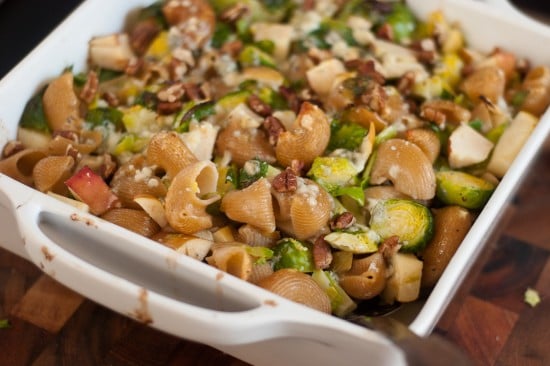 baked brussels sprouts, blue cheese and pasta dish