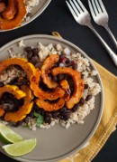 chipotle glazed squash with cilantro lime rice & refried black beans