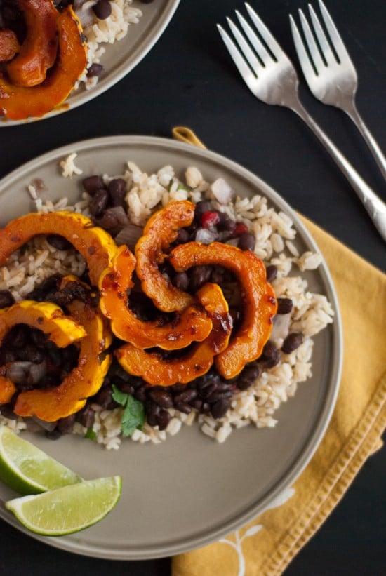 chipotle glazed squash with cilantro lime rice & refried black beans