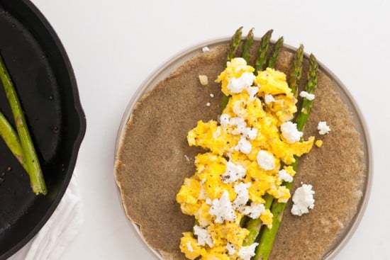 asparagus and goat cheese on a buckwheat crepe