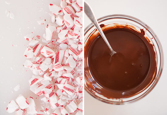 crushed peppermint and melted chocolate