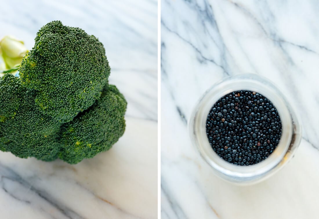 broccoli and raw black lentils