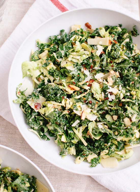 Chopped brussels sprout and kale salad with creamy tahini-maple dressing - cookieandkate.com