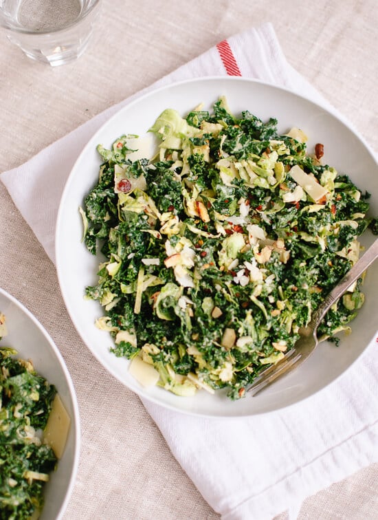 Raw kale and brussels sprouts salad with tahini-maple dressing - recipe at cookieandkate.com