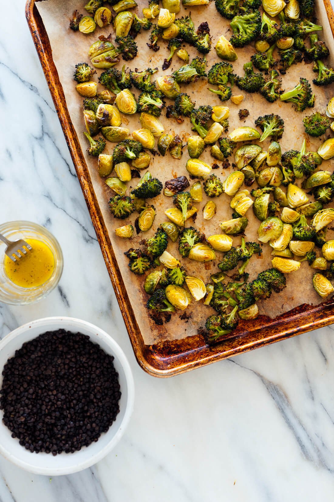roasted brussels sprouts and broccoli with cooked lentils