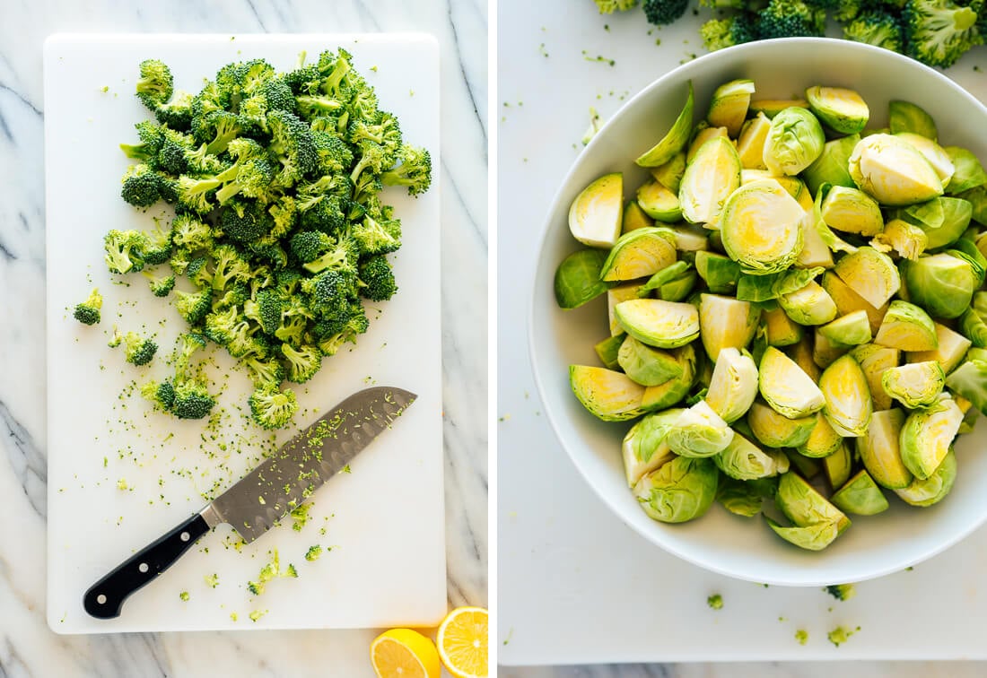 sliced broccoli and brussels sprouts
