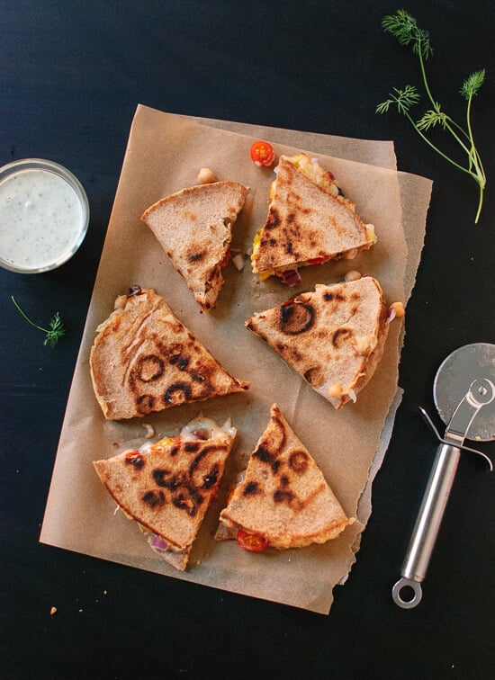 Tomato, Olive and Chickpea Quesadillas with Dill Yogurt Dip