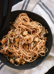 Roasted eggplant spaghetti with miso brown butter sauce