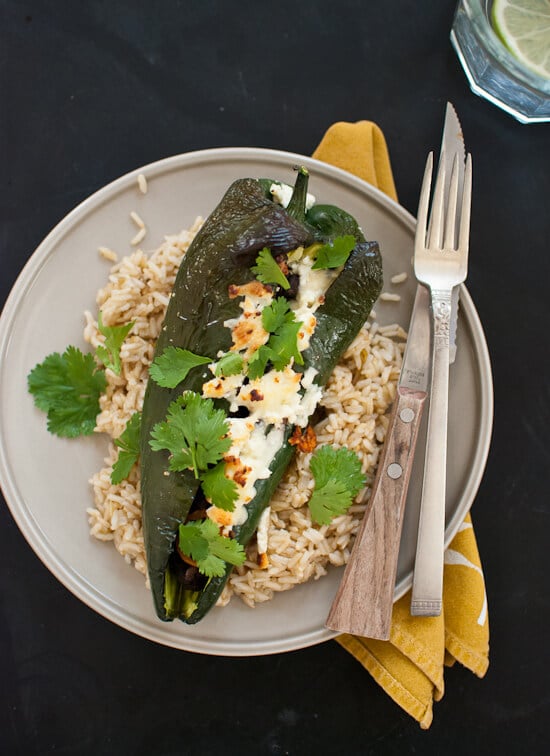 Beer bean stuffed poblano peppers with feta - recipe at cookieandkate.com