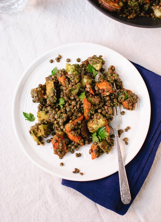 Roasted carrot and potato, lentils and miso parsley sauce - cookieandkate.com