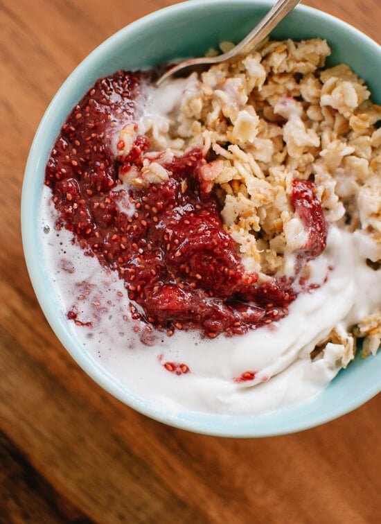 Toasted oatmeal with strawberry chia jam and coconut whipped cream recipe - cookieandkate.com