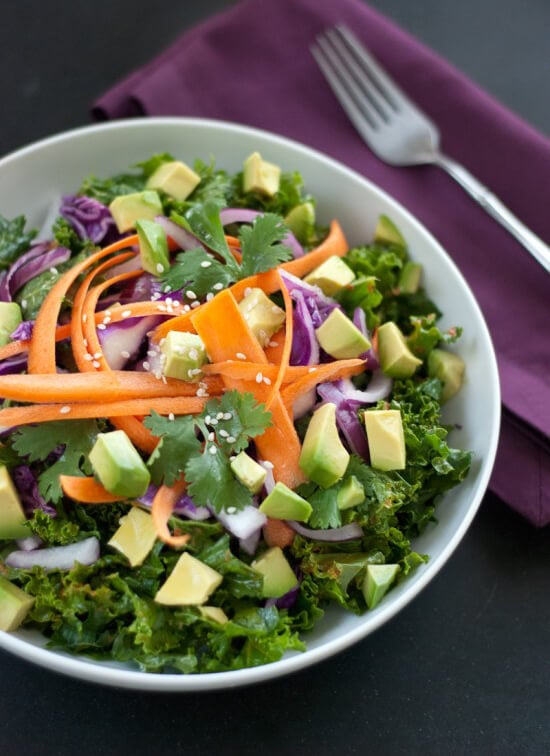 Asian Raw Kale Salad with Red Pepper Dressing