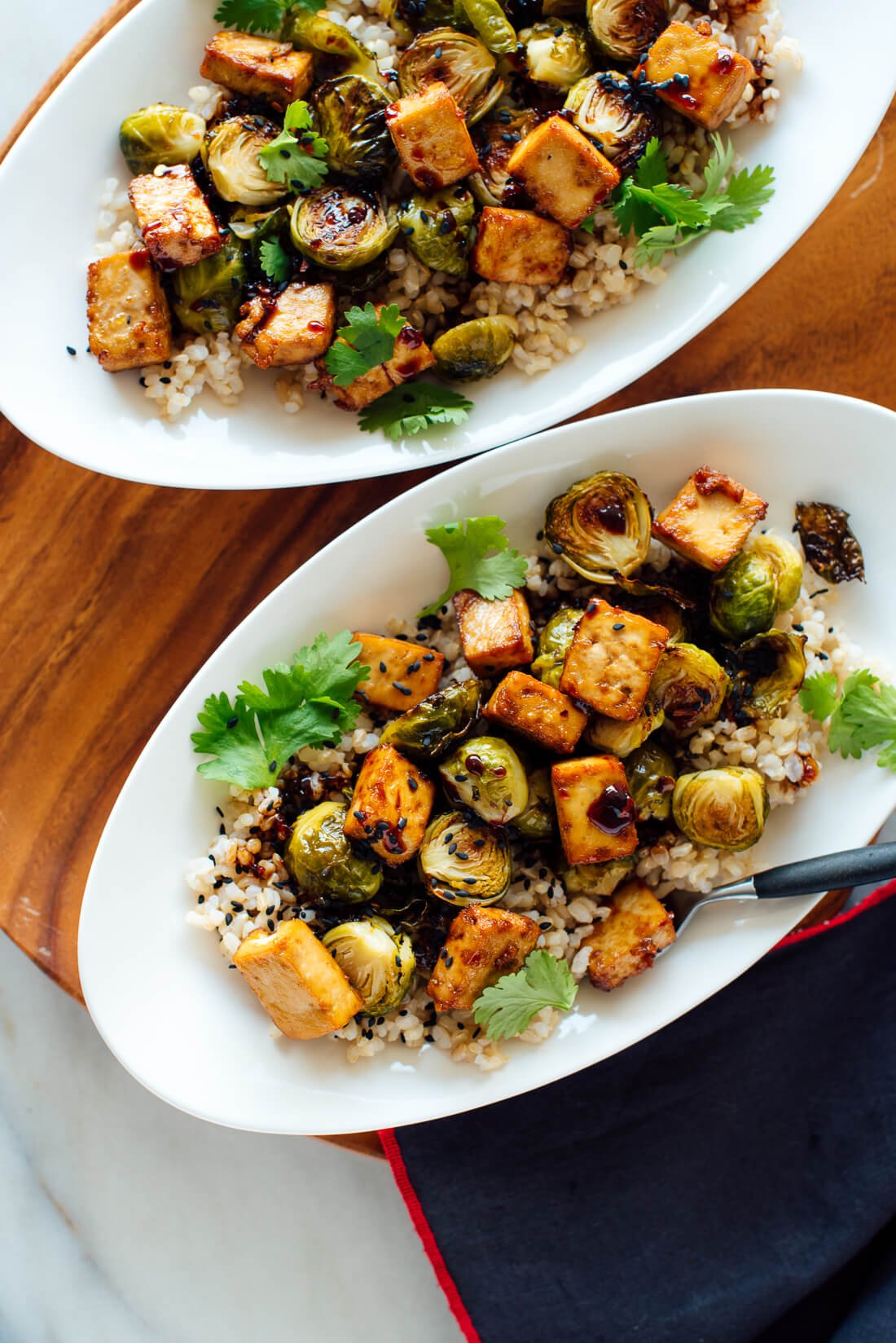 roasted brussels sprouts, crispy baked tofu and rice recipe