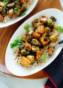 Roasted Brussels Sprouts and Crispy Baked Tofu with Honey-Sesame Glaze
