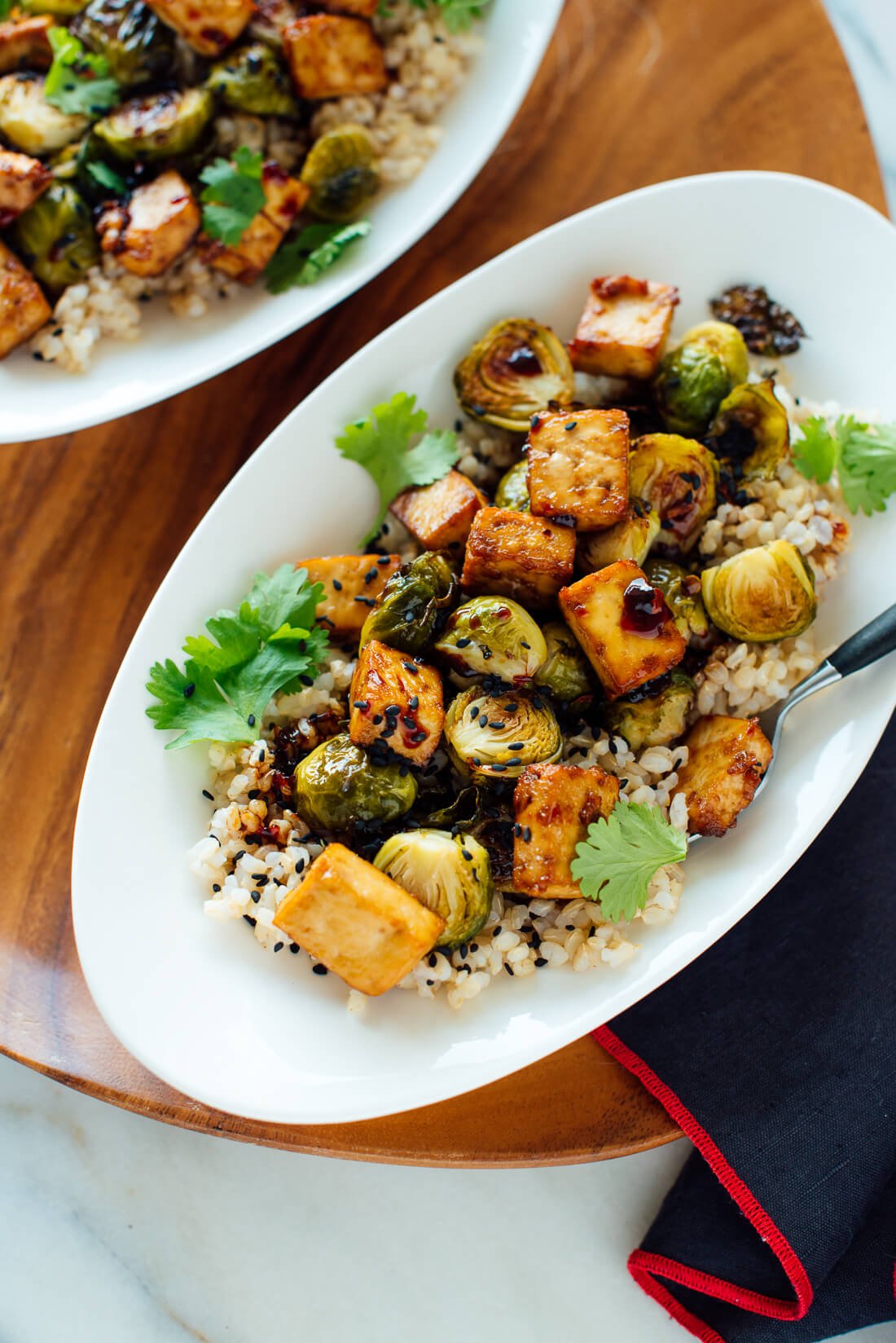 roasted Brussels sprouts, baked crispy tofu and rice recipe