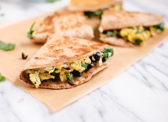 Breakfast quesadillas recipe with scrambled eggs, spinach and black beans - cookieandkate.com