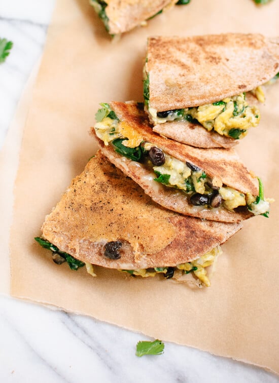 Breakfast quesadillas with scrambled eggs spinach and black beans - cookieandkate.com