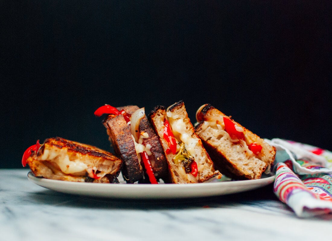 Balsamic roasted broccoli, red pepper and onion grilled cheese sandwiches