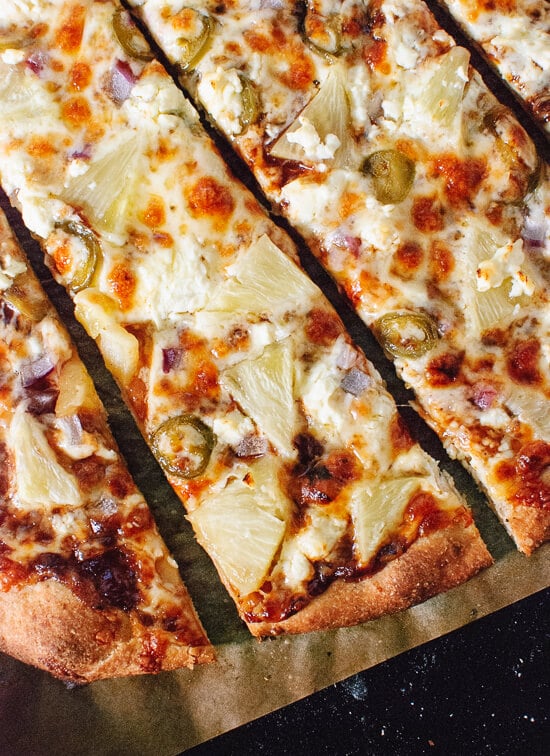 Simple homemade vegetarian barbecue pizza with pineapple, jalapeno and feta! So tasty. cookieandkate.com