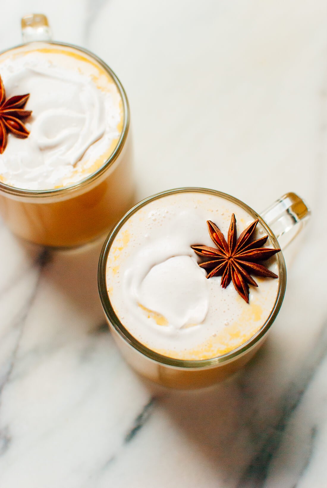 Creamy pumpkin spice chai lattes made with real ingredients (only 90 calories!)