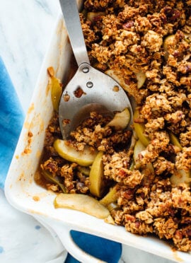 This gluten-free apple crisp recipe is my favorite! The topping is made of almond meal and oats, and the filling is naturally sweetened with honey.
