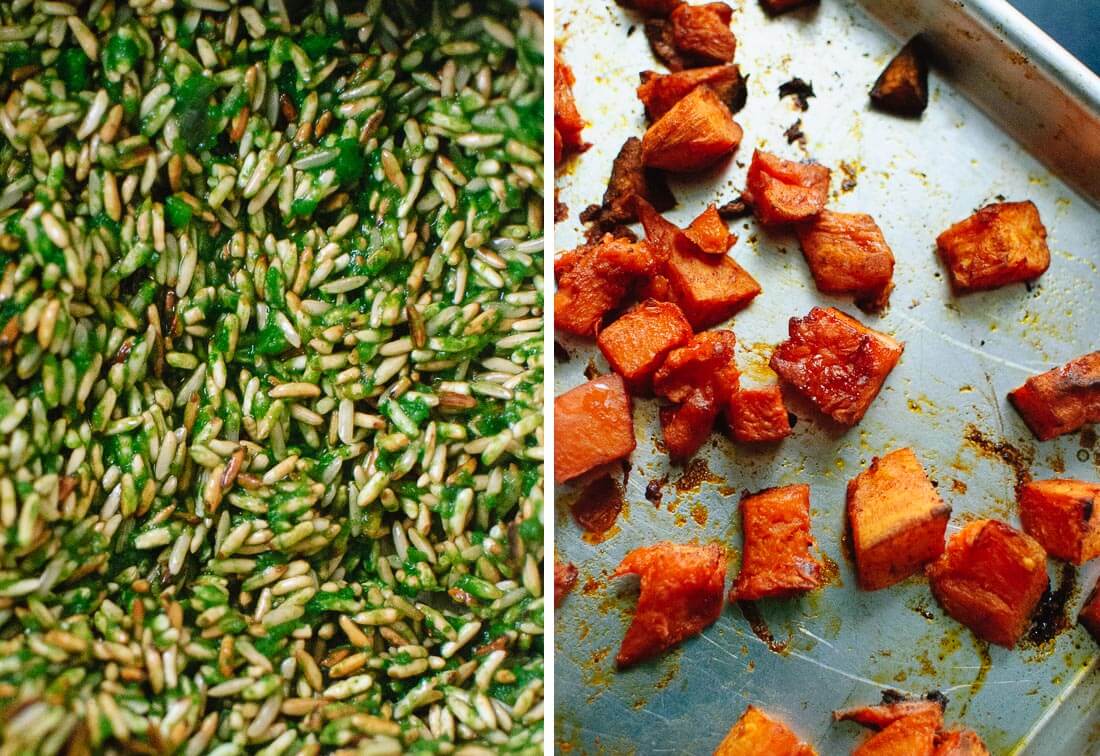 green rice and roasted sweet potatoes