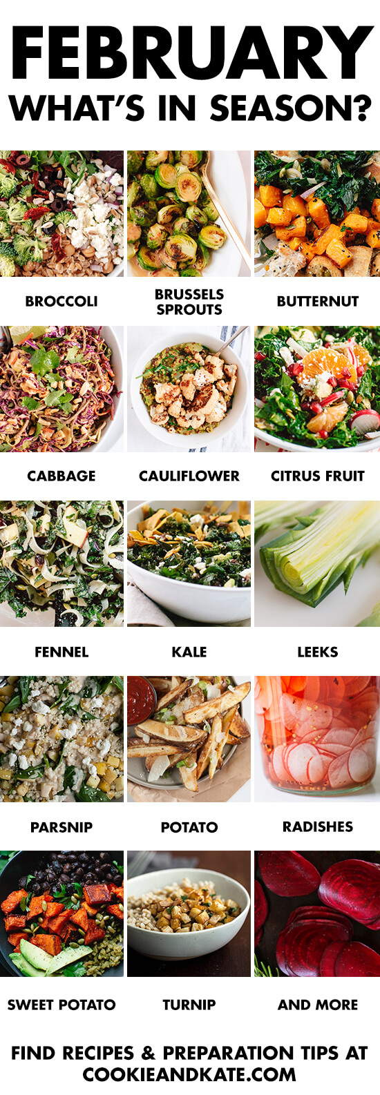 Eat seasonally with this guide to February fruits and vegetables. Find recipes and preparation tips at cookieandkate.com