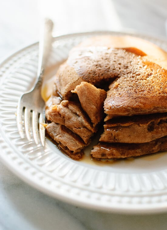 These fluffy vegan pancakes are the best! No eggs or egg substitutes required. cookieandkate.com