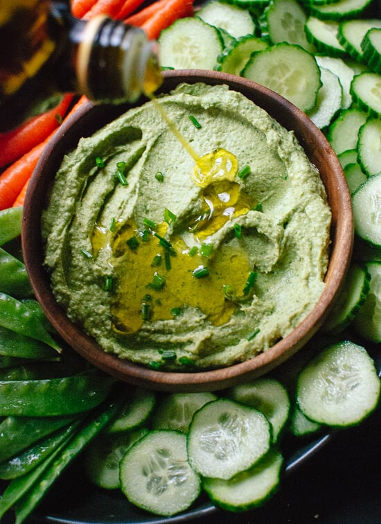Extra creamy, homemade green goddess hummus! Ready in 8 minutes. cookieandkate.com