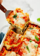 slice of spinach artichoke lasagna