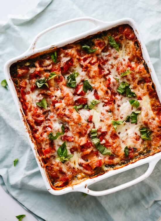 Fresh spinach artichoke lasagna with the simplest homemade red sauce - cookieandkate.com