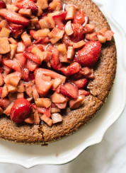 Almond cake with roasted strawberries and rhubarb - cookieandkate.com