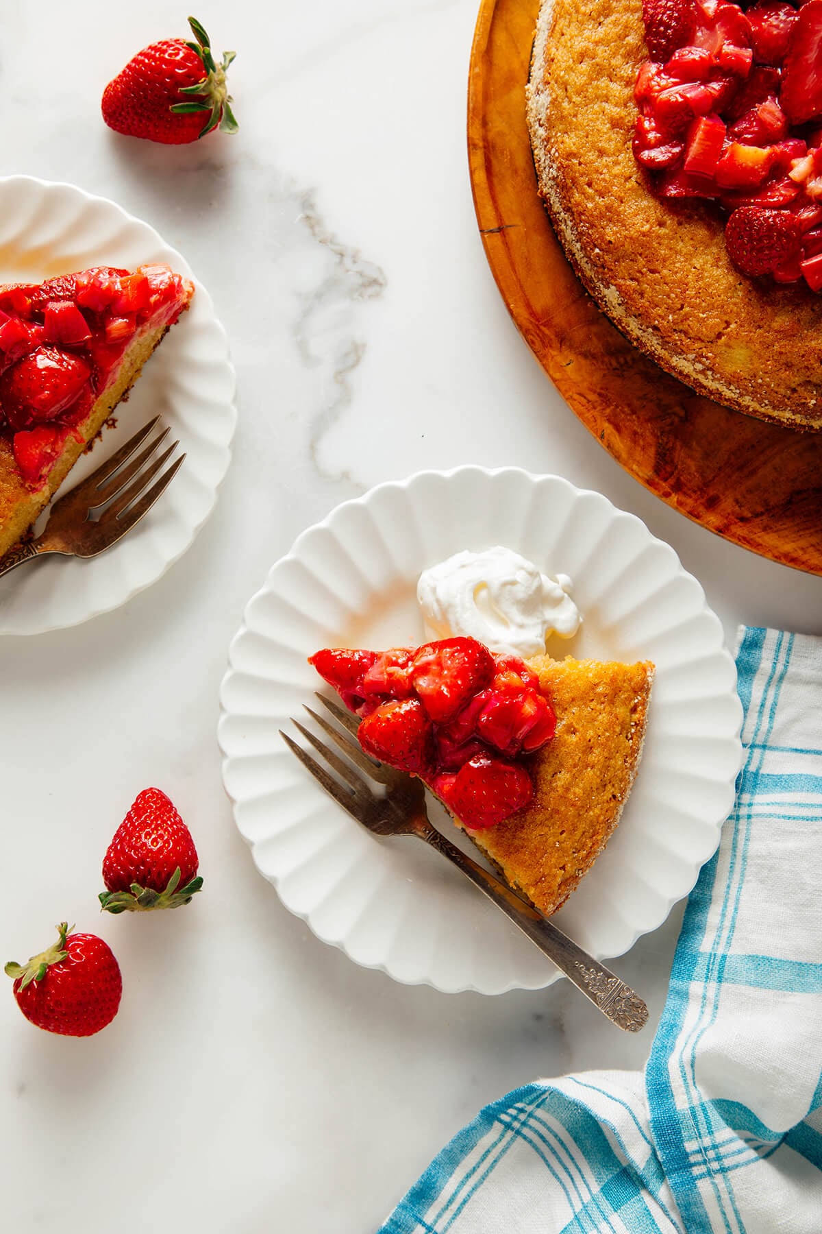 almond cake with strawberries and rhubarb