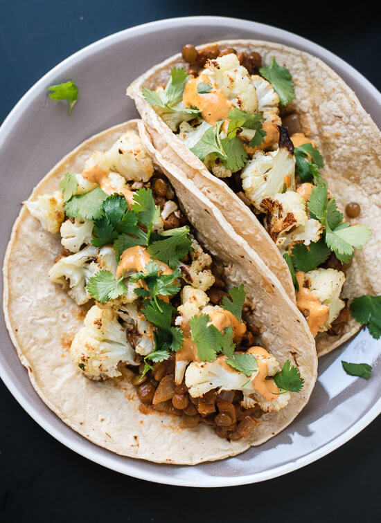 Roasted cauliflower and lentil tacos - cookieandkate.com