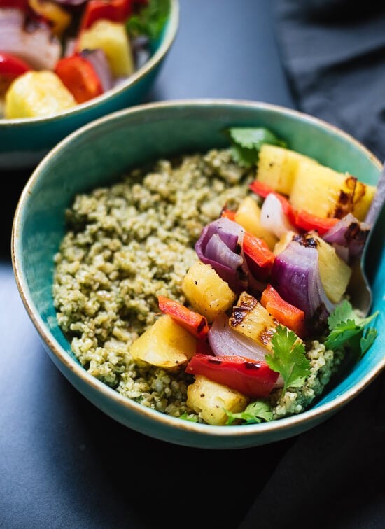 Freekeh with Basil-Cilantro Pesto and Grilled Pineapple Skewers