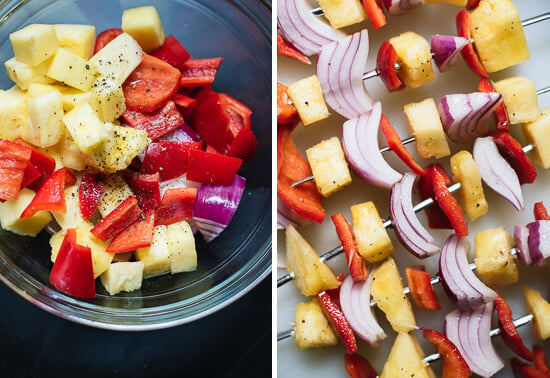 pineapple, red pepper and onion skewers