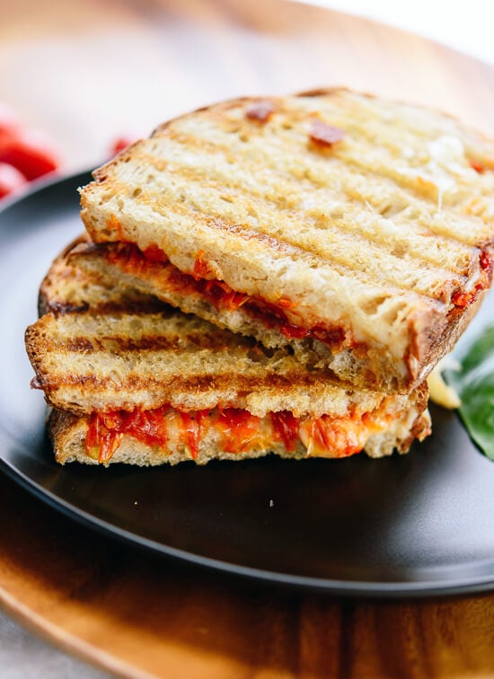 Tomato jam panini with mozzarella and basil! cookieandkate.com