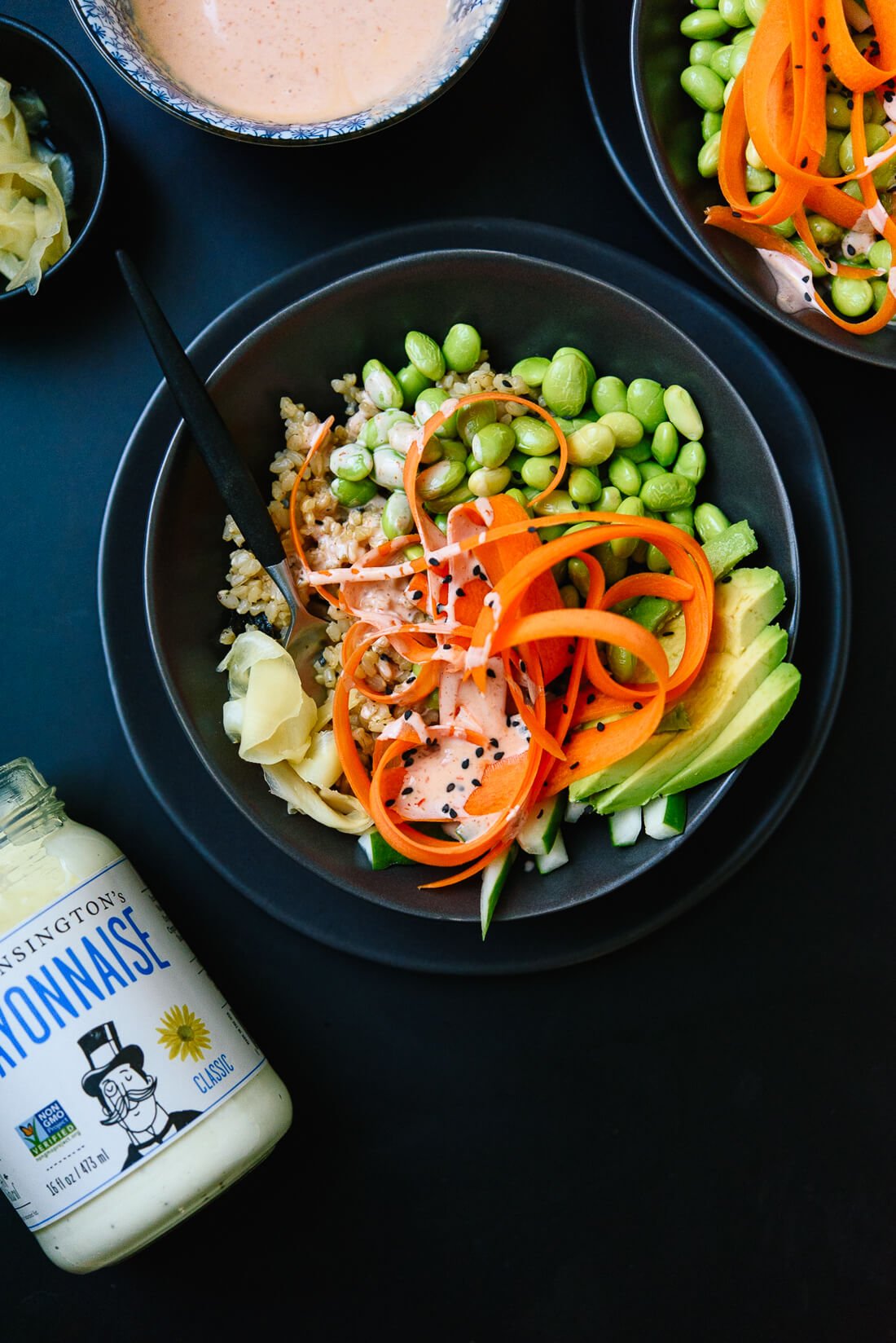 Homemade sushi bowl with spicy mayo sauce