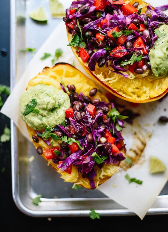 This spaghetti squash burrito bowl recipe is easy to make and so good for you, too! cookieandkate.com