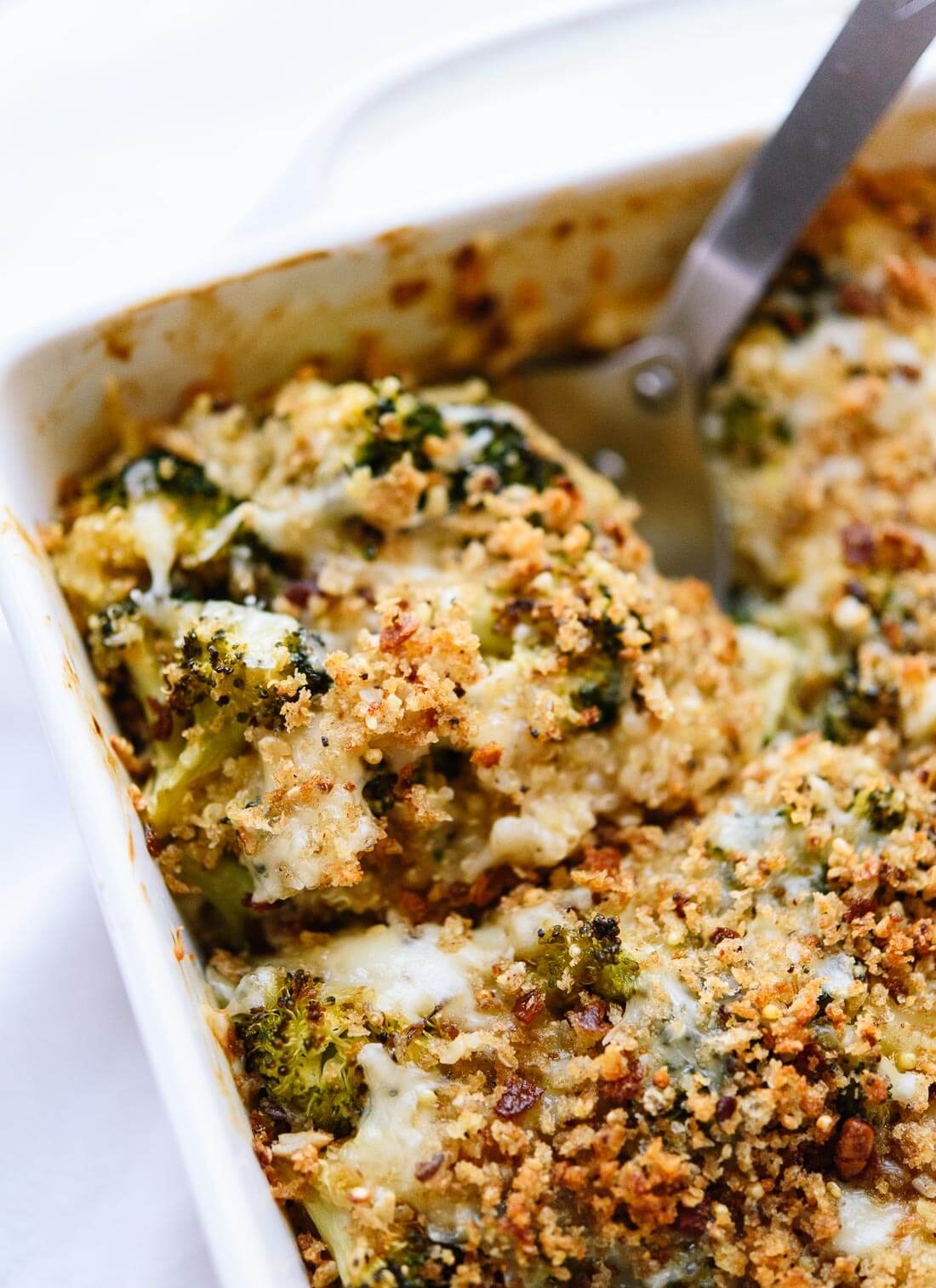 Broccoli casserole recipe, featuring roasted broccoli, cheddar cheese, quinoa and crispy breadcrumbs. - cookieandkate.com