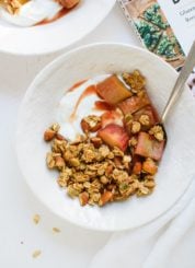 Clumpy granola with stewed rhubarb recipe, the perfect spring breakfast! cookieandkate.com
