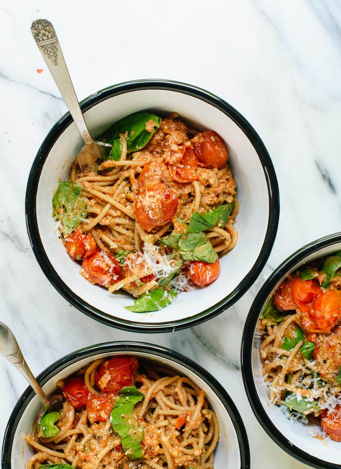 Amazing tomato pesto with basil and pasta, a light but filling summer meal - cookieandkate.com