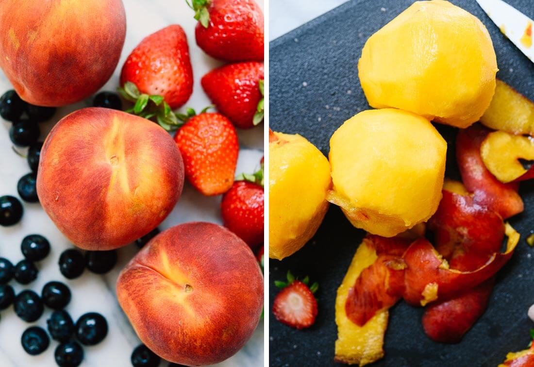 peaches, strawberries and blueberries