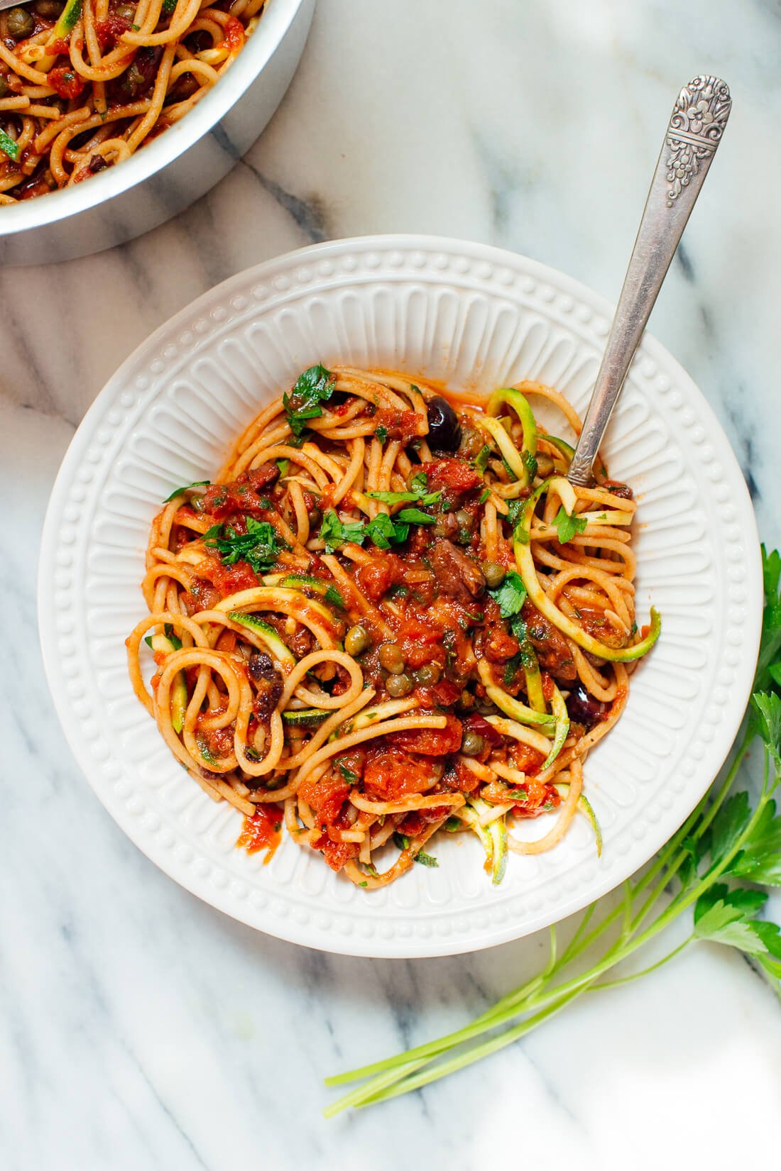 Super simple vegan spaghetti alla puttanesca, a perfect meal for busy weeknight dinners